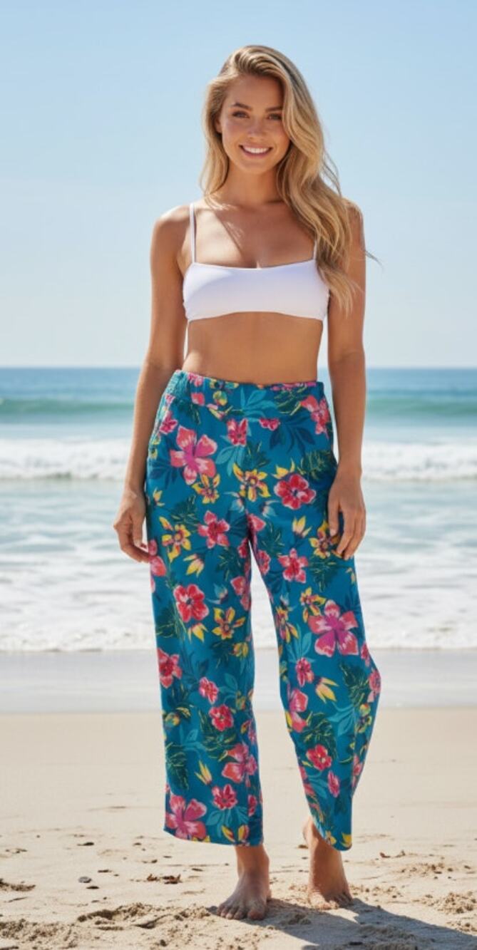 Lands' End Womens Size 6-8 Small Tropical Hawaiian Swim Fabric Pants Blue Multi